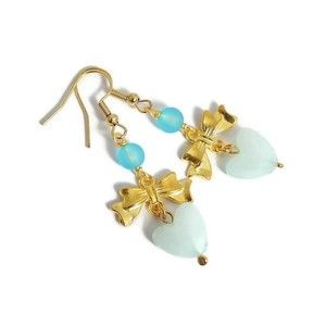 Blue Heart Earrings, Gold Bow Dangles, Statement Jewelry